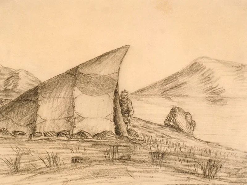 1890-Karale Andreassen - Una vecchia gelosa posa un tupilak davanti alla tenda che condivide con una giovane coppia